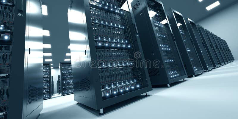 Σύγχρονο εσωτερικό του δωματίου κεντρικών υπολογιστών στο datacenter Σύννεφο που υπολογίζει τη DA στοκ φωτογραφία