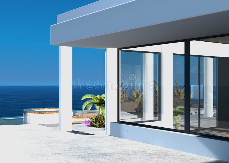 Σύγχρονο παράκτιο σπίτι με ένα υπαίθριο patio ελεύθερη απεικόνιση δικαιώματος