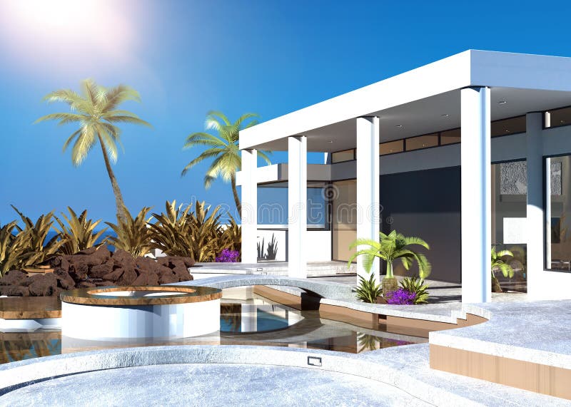 Σύγχρονο παράκτιο σπίτι με ένα υπαίθριο patio ελεύθερη απεικόνιση δικαιώματος