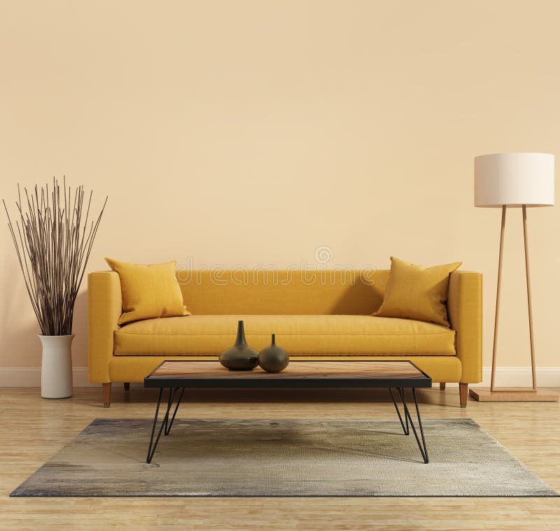 Σύγχρονο σύγχρονο εσωτερικό με έναν κίτρινο καναπέ στο καθιστικό με μια άσπρη ελάχιστη μπανιέρα