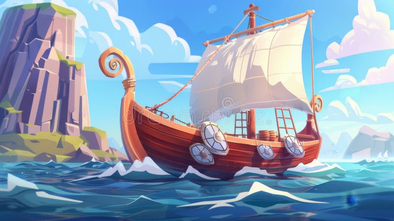 Modern background with seascape with wooden ship with white sail and paddle. Viking boat with folded sails and shields hanging on board on ocean wave in a sunny day.. AI generated. Modern background with seascape with wooden ship with white sail and paddle. Viking boat with folded sails and shields hanging on board on ocean wave in a sunny day.. AI generated