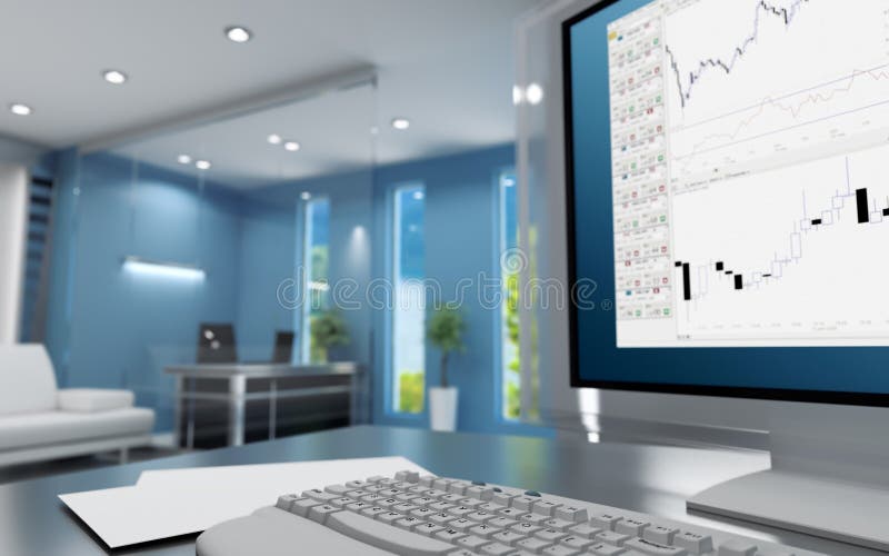 Workplace of the trader in modern cubicle with keyboard and monitor. Workplace of the trader in modern cubicle with keyboard and monitor