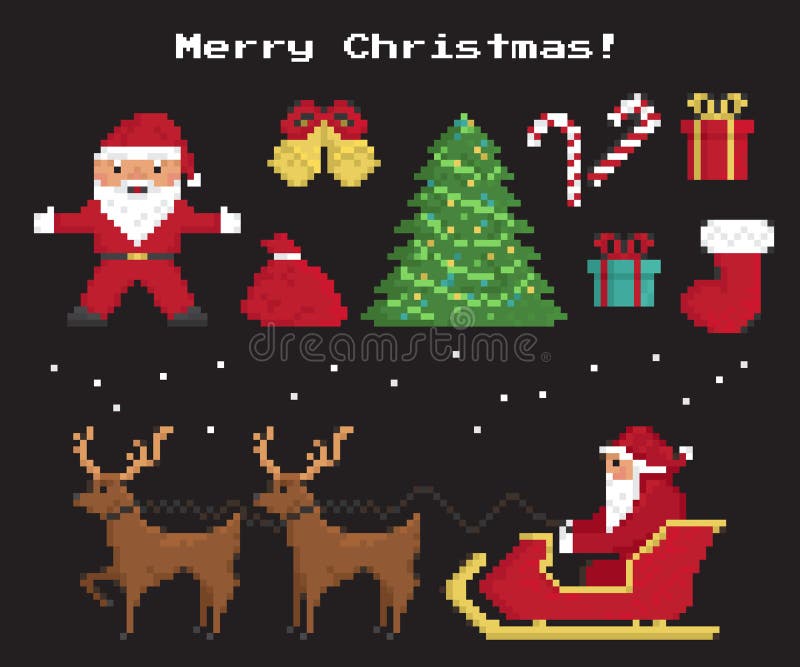 Pixel christmas symbols set of Santa Claus, christmas tree, red sock with gifts and sweets, two 8-bit reindeers with Santas sleigh. Pixel christmas symbols set of Santa Claus, christmas tree, red sock with gifts and sweets, two 8-bit reindeers with Santas sleigh