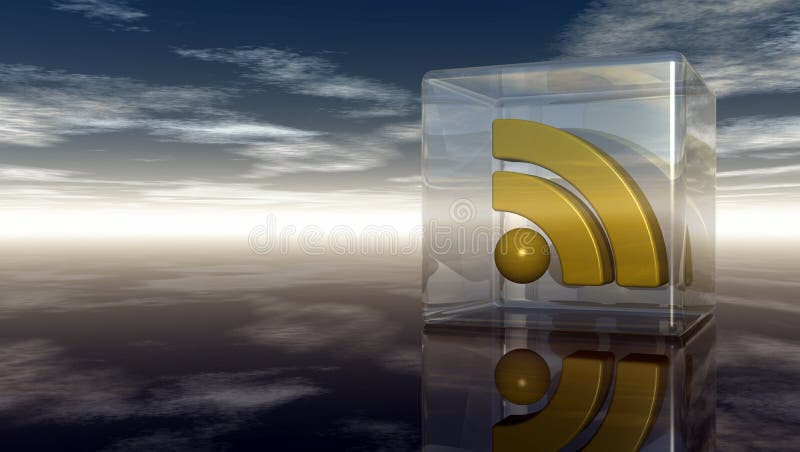 Σύμβολο Rss στον κύβο γυαλιού κάτω από το νεφελώδη μπλε ουρανό διανυσματική απεικόνιση