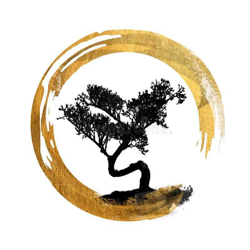 σύμβολο bonsai δέντρο enso κύκλος feng shui ασιατική καλλιγραφία ιαπωνική αντιγραφή φόντο σώμα κειμένου απομονωμένο διανυσματική απεικόνιση