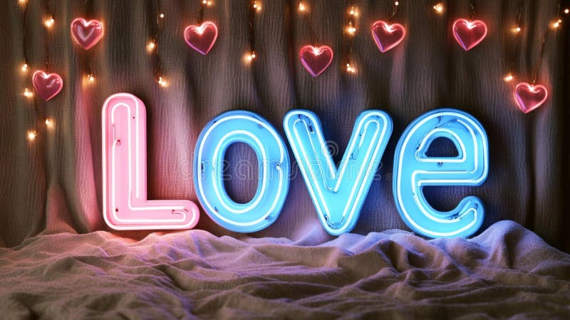 Σύμβολο Neon Love με λαμπερές καρδιές και μαλακό ύφασμα απεικόνιση αποθεμάτων