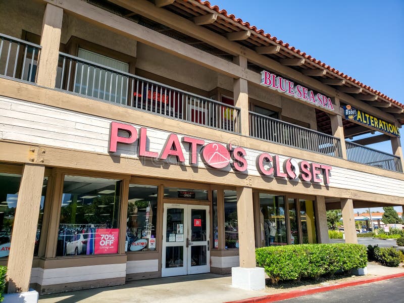A store front sign for the thrift store chain known as Plato`s Closet, located in Santa Ana, California. A store front sign for the thrift store chain known as Plato`s Closet, located in Santa Ana, California.