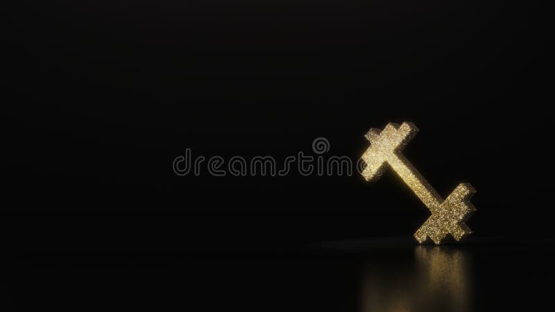 gold glitter symbol of heavy fitness dumbbell 3D rendering on dark black background with blurred reflection with sparkles. gold glitter symbol of heavy fitness dumbbell 3D rendering on dark black background with blurred reflection with sparkles