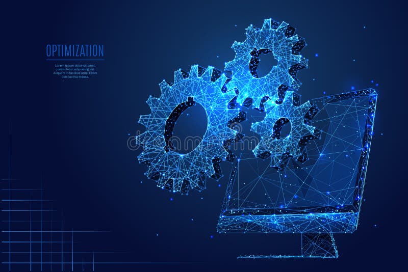 Gears on computer background. Low poly wireframe vector polygonal illustration. Digital computer service concept. Isolated gearing on screen. Mechanical technology machine engineering symbol. Gears on computer background. Low poly wireframe vector polygonal illustration. Digital computer service concept. Isolated gearing on screen. Mechanical technology machine engineering symbol.