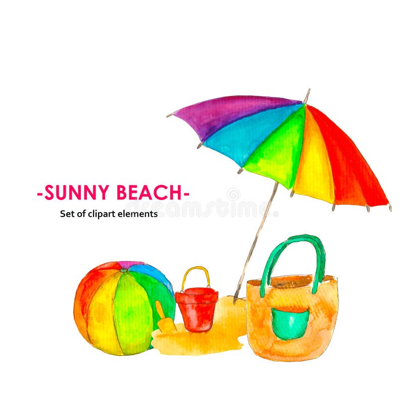 Watercolor composition from Sunny beach, consisting of a beach bag, a colorful inflatable ball, a sandbox with a bucket and a shovel under a beach umbrella. Watercolor composition from Sunny beach, consisting of a beach bag, a colorful inflatable ball, a sandbox with a bucket and a shovel under a beach umbrella.