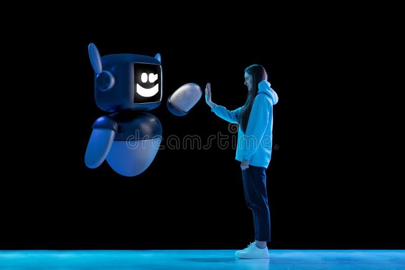 Σύνθετη εικόνα νεαρής γυναίκας που αλληλεπιδρά με 3D μοντέλο ρομπότ που δίνει υψηλή πεντάδα. Φιλία και εμπιστοσύνη στη μελλοντική στοκ εικόνα