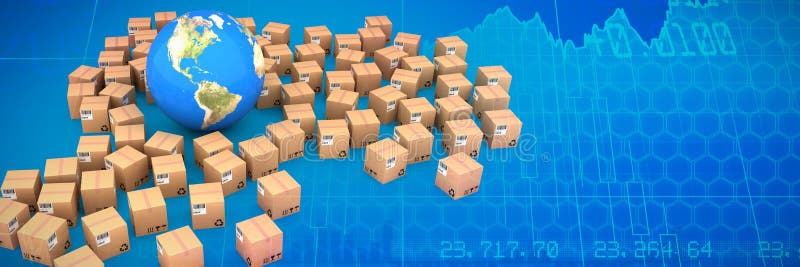 Σύνθετη εικόνα της σύνθετης εικόνας της σφαίρας στη μέση των κιβωτίων απεικόνιση αποθεμάτων
