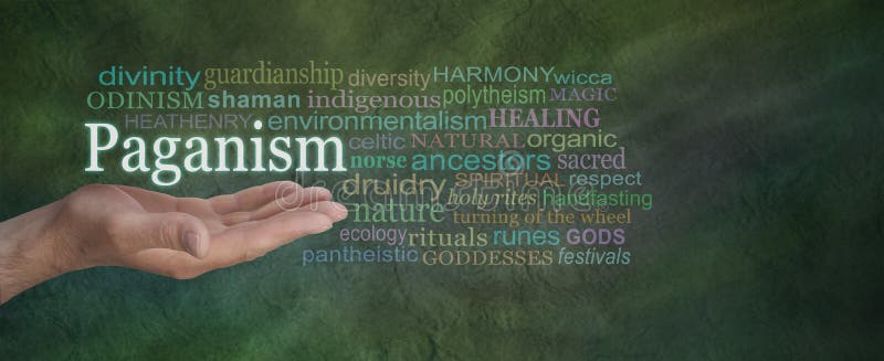 Male hand outstretched on a green stone effect background with the word PAGANISM floating above surrounded by a relevant word cloud. Male hand outstretched on a green stone effect background with the word PAGANISM floating above surrounded by a relevant word cloud