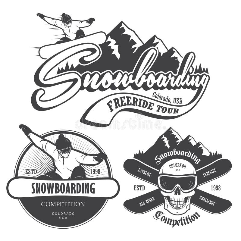 Σύνολο snowboarding εμβλημάτων, ετικετών και σχεδιασμένων στοιχείων απεικόνιση αποθεμάτων Σύνολο snowboarding εμβλημάτων, ετικετών και σχεδιασμένων στοιχείων απεικόνιση αποθεμάτων