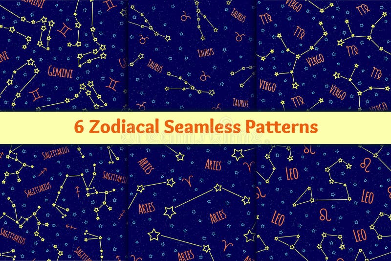 Σύνολο άνευ ραφής σχεδίων με τα zodiac εικόνας σημάδια και τους αστερισμούς ελεύθερη απεικόνιση δικαιώματος