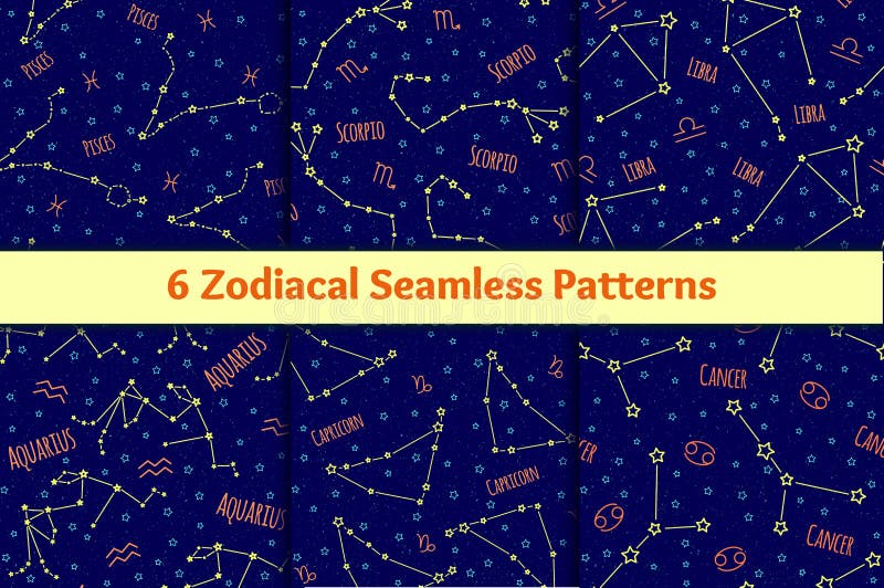 Σύνολο άνευ ραφής σχεδίων με την εικόνα των zodiac σημαδιών και των αστερισμών απεικόνιση αποθεμάτων