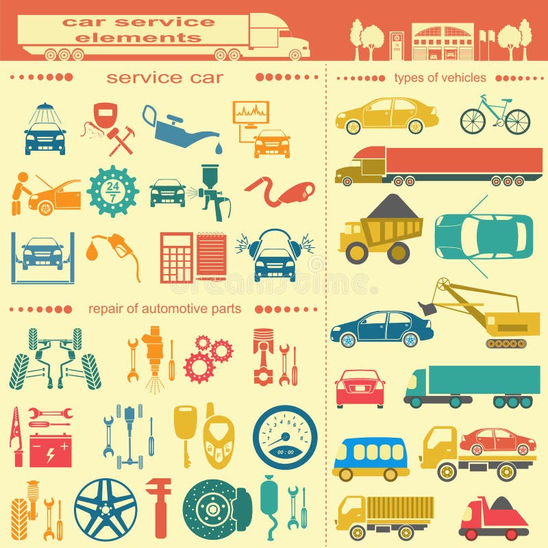 Set of auto repair service elements for creating your own infographics or maps of the car service station. Vector illustration. Set of auto repair service elements for creating your own infographics or maps of the car service station. Vector illustration