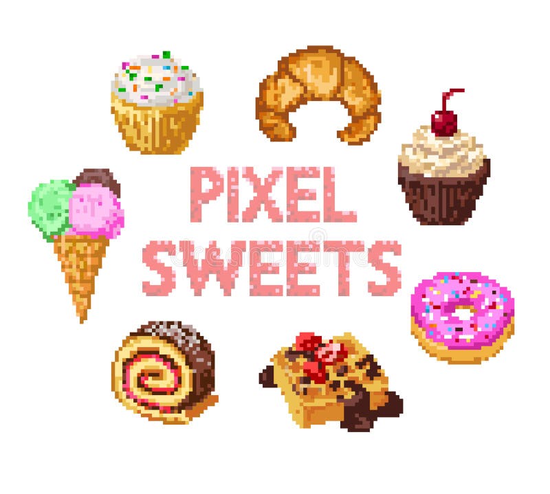 Set of pixel sweets - pastry and ice cream. Set of pixel sweets - pastry and ice cream