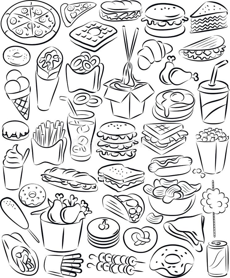 Vector illustration of fast food collection in black and white. Vector illustration of fast food collection in black and white