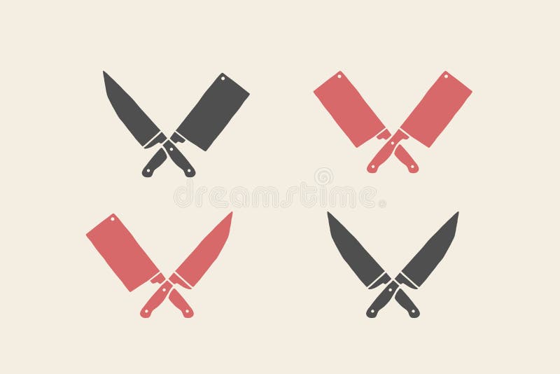 Set of restaurant knives icons. Silhouette two butcher knives - Cleaver and Chef Knives. Logo template for meat business - farmer shop, market or design - label, banner, sticker. Vector Illustration. Set of restaurant knives icons. Silhouette two butcher knives - Cleaver and Chef Knives. Logo template for meat business - farmer shop, market or design - label, banner, sticker. Vector Illustration