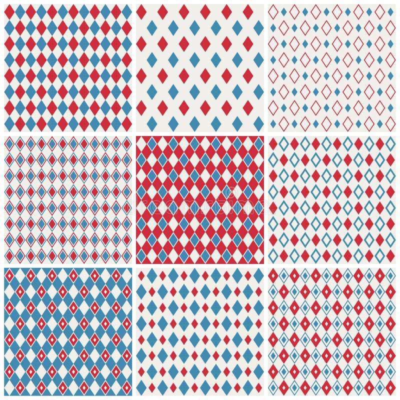 Set of nine seamless red, white and blue harlequin patterns. Set of nine seamless red, white and blue harlequin patterns