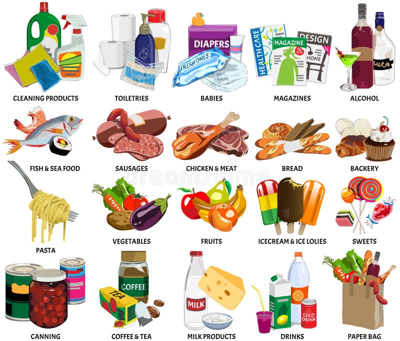 Set of sixty four supermarket icons includes: Food ingredients, Babies products, Cleaning products, Toiletries, Magazines and Paper bag full of products. Set of sixty four supermarket icons includes: Food ingredients, Babies products, Cleaning products, Toiletries, Magazines and Paper bag full of products.