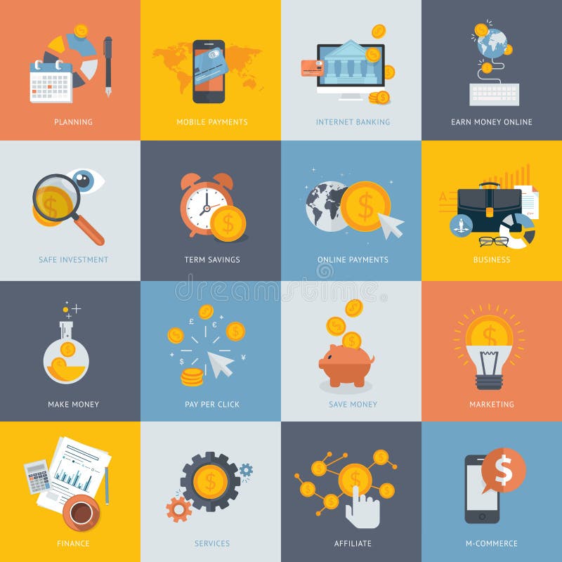 Set of flat design concept icons for finance, banking, online payment, online commerce. Icons for website development and mobile phone services and apps. Set of flat design concept icons for finance, banking, online payment, online commerce. Icons for website development and mobile phone services and apps.