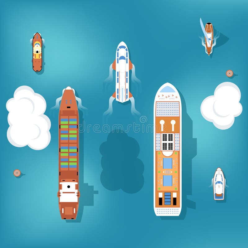 Set of vector ships. Top view. Yacht and travel, ocean and marine, cruise sea, transport boat and ship illustration. Set of vector ships. Top view. Yacht and travel, ocean and marine, cruise sea, transport boat and ship illustration