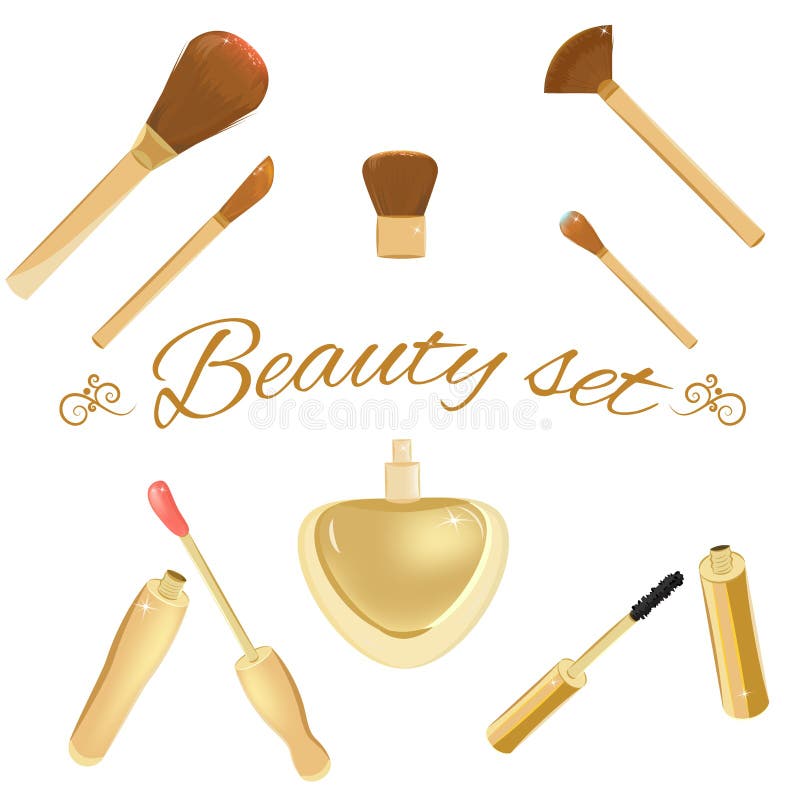 Σύνολο καλλυντικών βουρτσών, mascara, lipgloss και ελεύθερη απεικόνιση δικαιώματος