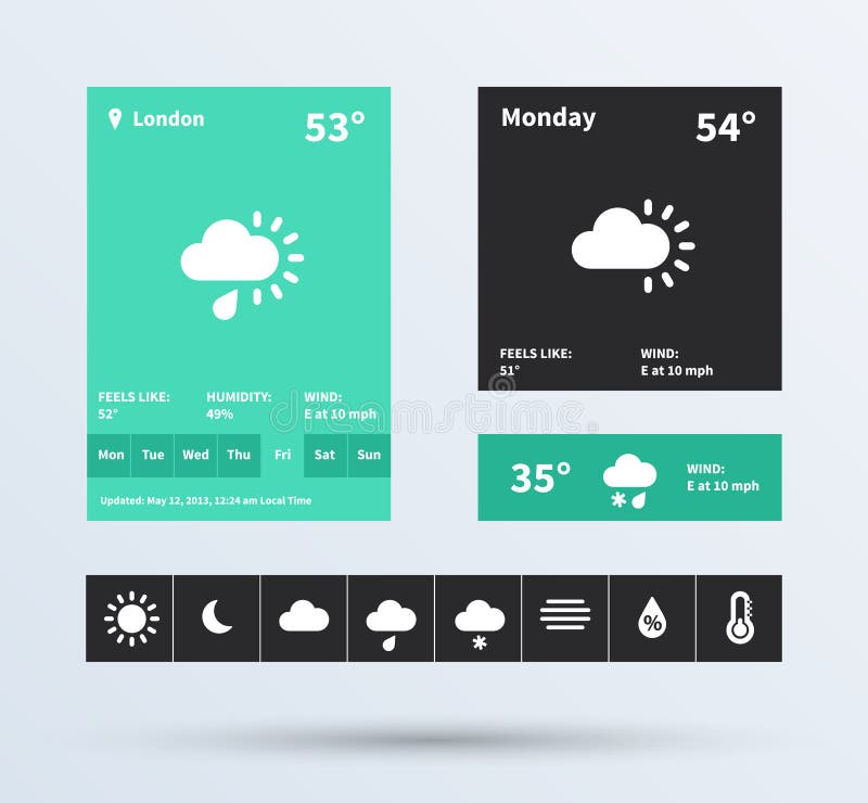 Σύνολο καιρικού Widget UI της επίπεδης τάσης σχεδίου. απεικόνιση αποθεμάτων