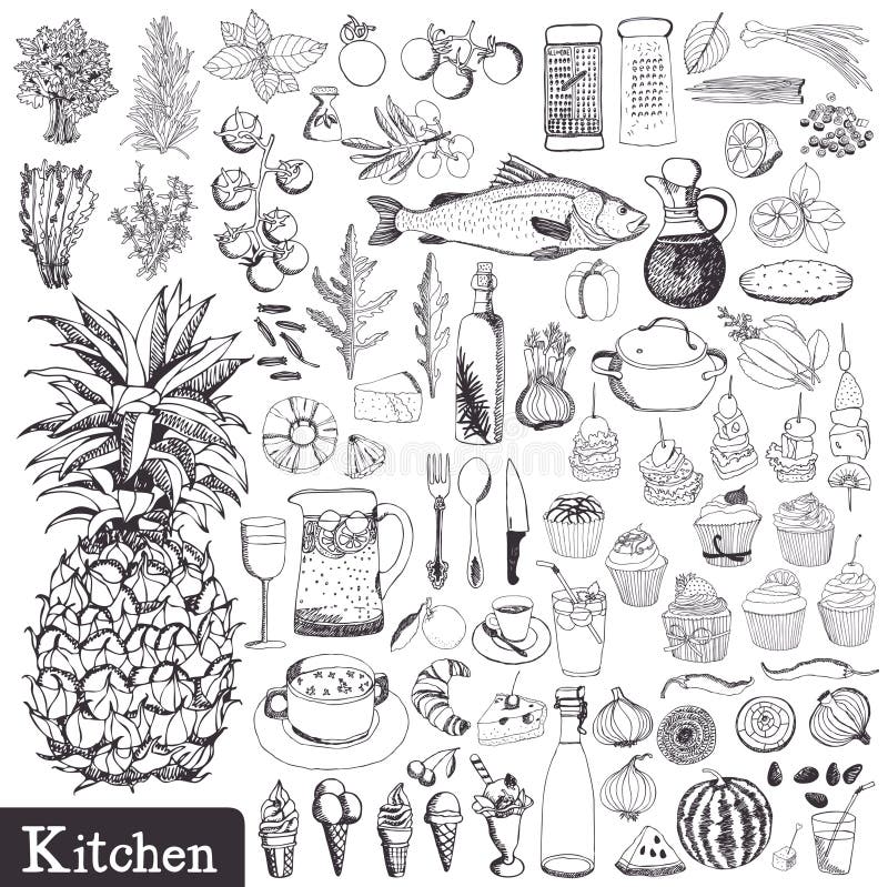 Kitchen set. Utensils and food hand drawn. Kitchen set. Utensils and food hand drawn.