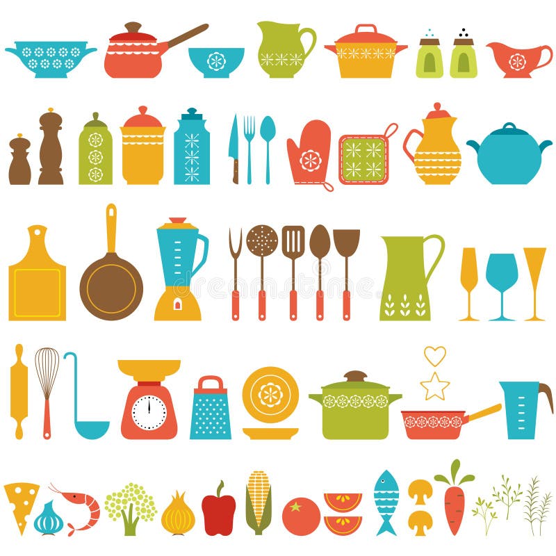 Set of kitchen utensils and food for cooking. Set of kitchen utensils and food for cooking.