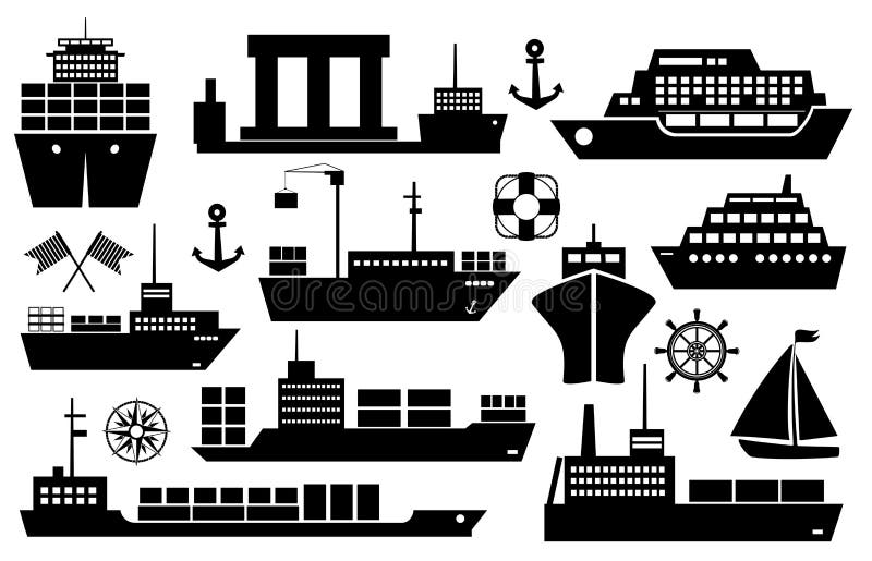 Set of black and white silhouette ships and boats icons showing passenger lines cruise ship sailboat yacht container ship tanker in frontal and side views. Set of black and white silhouette ships and boats icons showing passenger lines cruise ship sailboat yacht container ship tanker in frontal and side views.