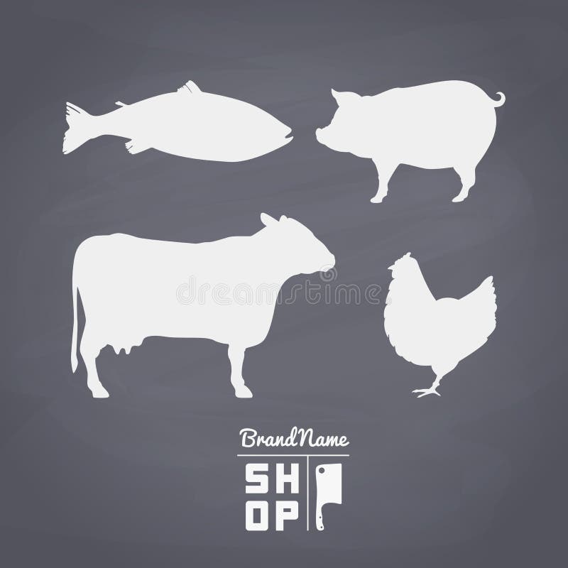 Set of fish, beef, pork and chiken meat silhouettes. Hand drawn elements for butcher shop logo or seafood restaurant design. Chalkboard background. Vector illustration. Set of fish, beef, pork and chiken meat silhouettes. Hand drawn elements for butcher shop logo or seafood restaurant design. Chalkboard background. Vector illustration