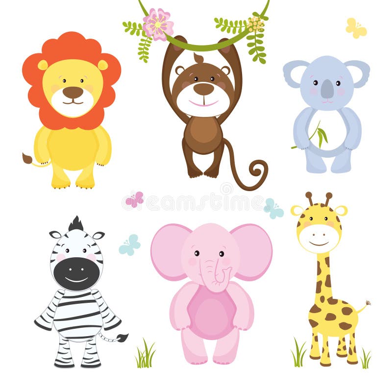 Set of cute vector cartoon wild animals with a monkey hanging from a branch lion pink elephant koala bear zebra and giraffe suitable for kids illustrations isolated on white. Set of cute vector cartoon wild animals with a monkey hanging from a branch lion pink elephant koala bear zebra and giraffe suitable for kids illustrations isolated on white