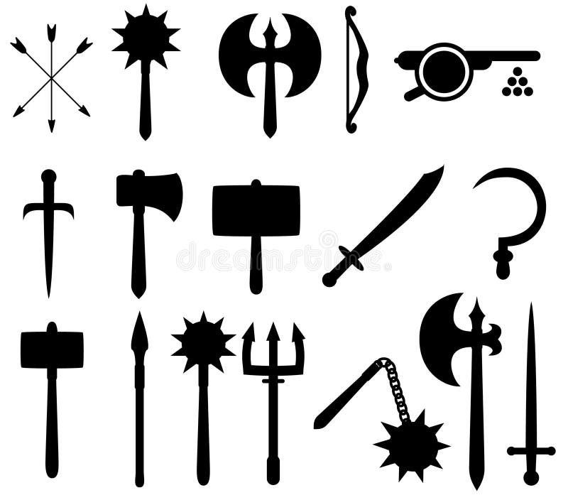 17 medieval-style weapon icons. 17 medieval-style weapon icons.