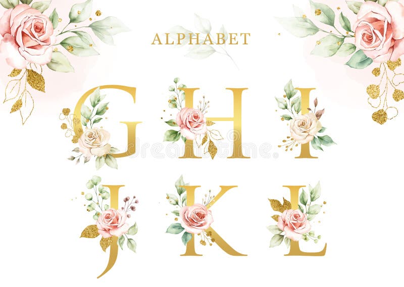 Watercolor floral alphabet set of G  H  I  J  K  L with golden leaves for logo  cards  branding  etc. Watercolor floral alphabet set of G  H  I  J  K  L with golden leaves for logo  cards  branding  etc