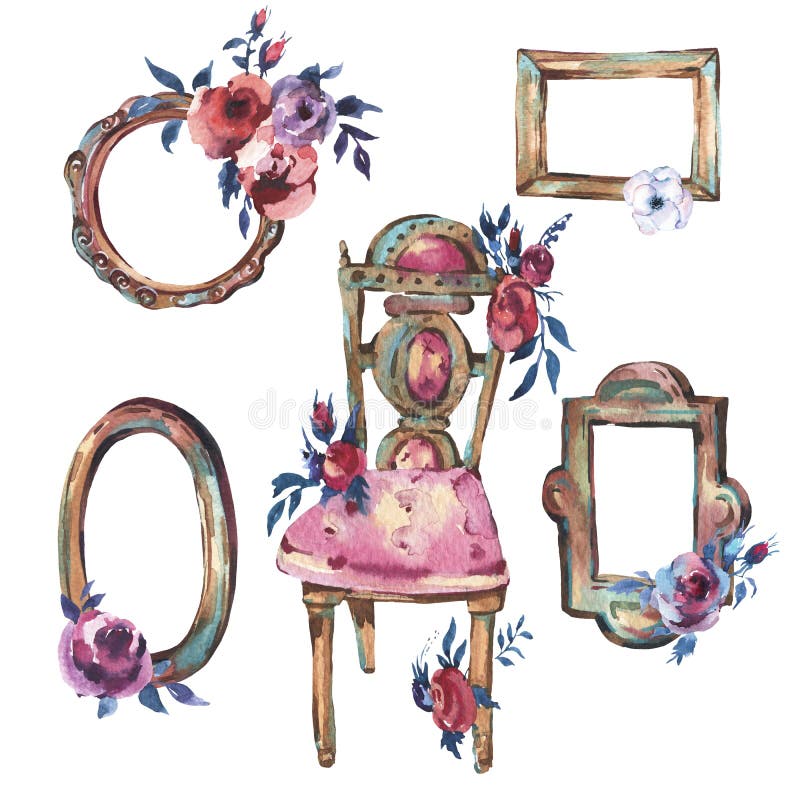 Σύνολο Watercolor παλαιού χρυσού ξύλινου πλαισίου με τα λουλούδια; εκτάριο ελεύθερη απεικόνιση δικαιώματος Σύνολο Watercolor παλαιού χρυσού ξύλινου πλαισίου με τα λουλούδια; εκτάριο ελεύθερη απεικόνιση δικαιώματος