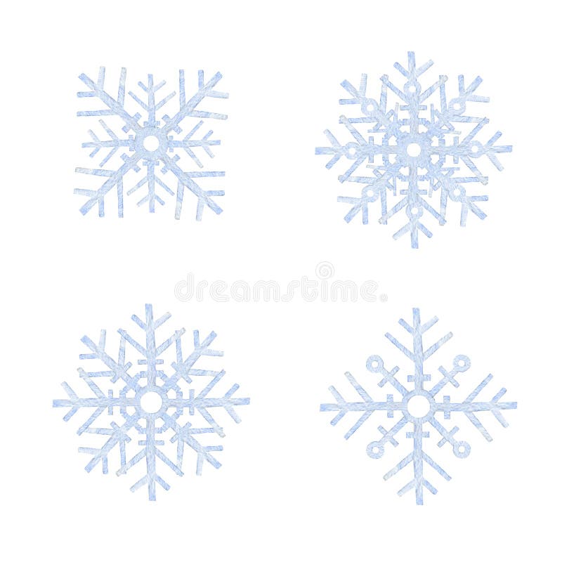 Blue simple snowflake watercolor illustration set. Winter mood hand drawn snow element. Cold season snow flake single objects. Flat snowflakes isolated on white background. Blue simple snowflake watercolor illustration set. Winter mood hand drawn snow element. Cold season snow flake single objects. Flat snowflakes isolated on white background