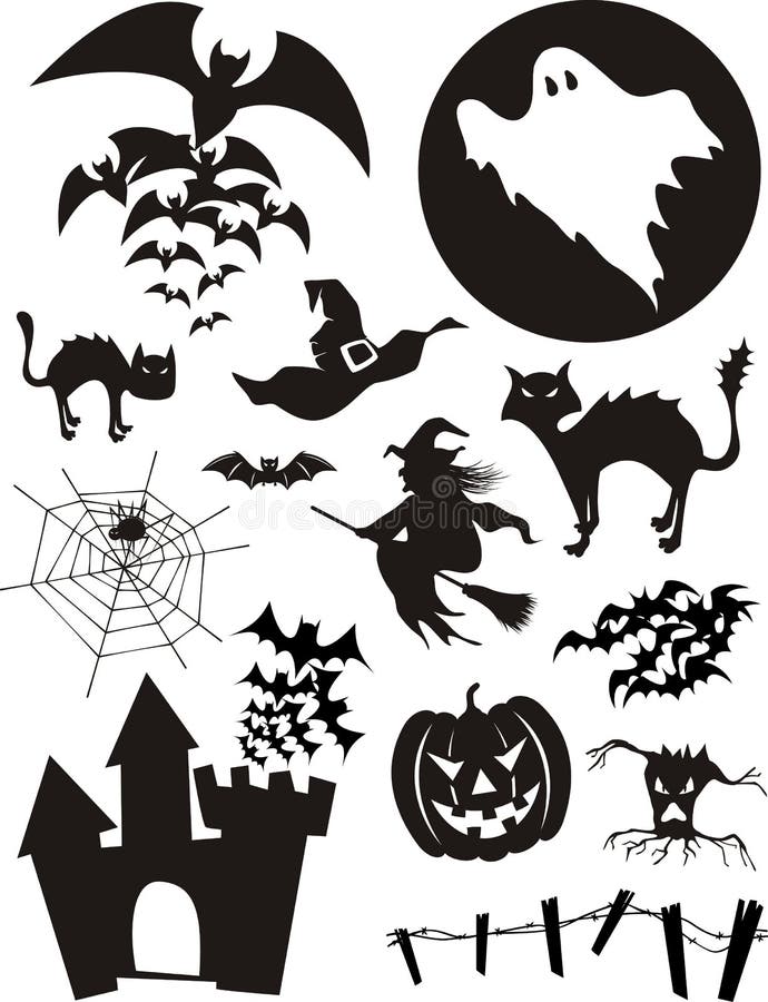 Set of trditional halloween design elements, bats, pumpkin, witch, ghost, black cat and more isolated on white background. Set of trditional halloween design elements, bats, pumpkin, witch, ghost, black cat and more isolated on white background