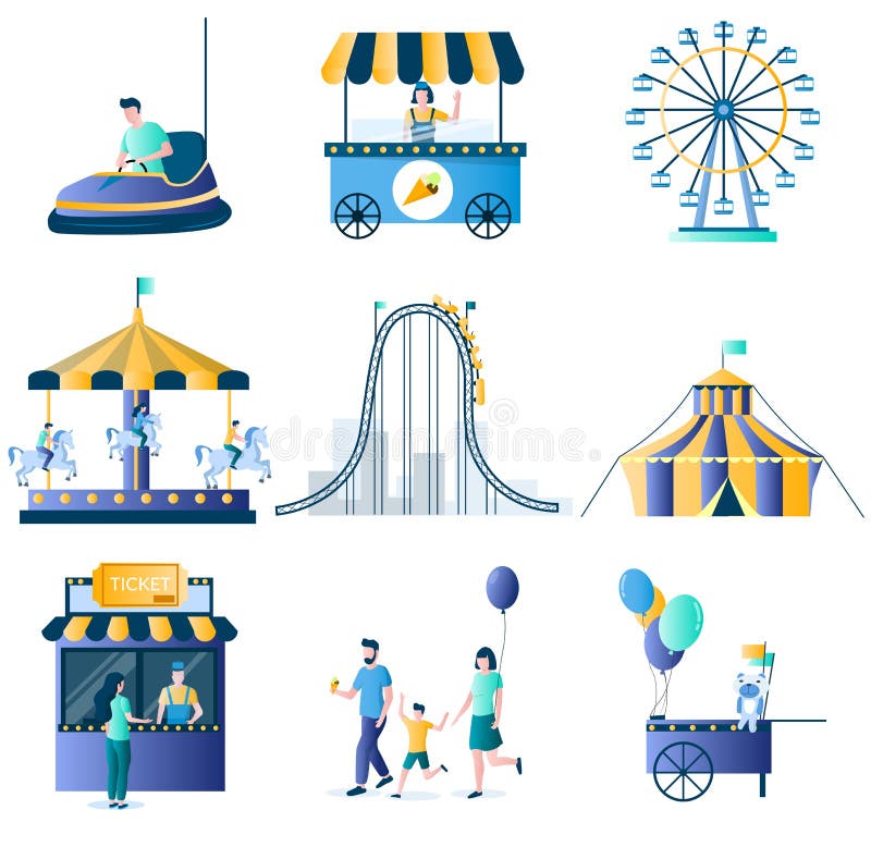 Amusement park vector flat icon set with circus tent, roller coaster, carousel, ferris wheel, bumper cars attractions, ice cream cart, ticket office and happy family with balloon and ice-cream. Amusement park vector flat icon set with circus tent, roller coaster, carousel, ferris wheel, bumper cars attractions, ice cream cart, ticket office and happy family with balloon and ice-cream.