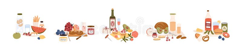 σύνολο διαφορετικών πικ-νικ φαγητών και ποτών. σνακ φρούτα επιδόρπιο γλυκά ψωμί σάντουιτς αβοκάντο μπουκάλια κρασί απεικόνιση αποθεμάτων