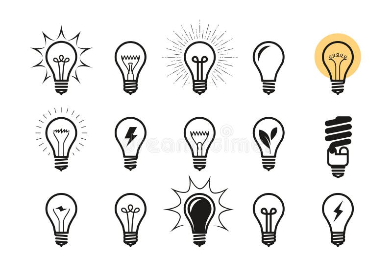 Σύνολο εικονιδίων Lightbulb Λάμπα φωτός, ηλεκτρική ενέργεια, ενεργειακό σύμβολο ή ετικέτα επίσης corel σύρετε το διάνυσμα απεικόν απεικόνιση αποθεμάτων