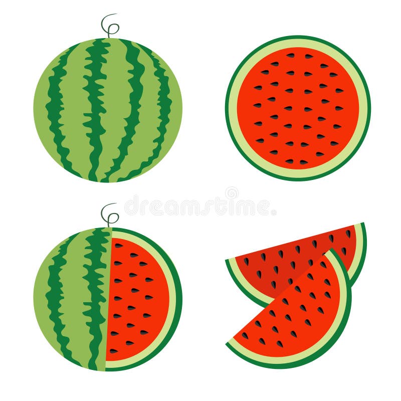 Watermelon icon set. Whole ripe green stem. Slice cut half seeds. Green Red round fruit berry flesh peel. Natural healthy food. Sweet water melon. Tropical fruits. White background. Isolated. Vector. Watermelon icon set. Whole ripe green stem. Slice cut half seeds. Green Red round fruit berry flesh peel. Natural healthy food. Sweet water melon. Tropical fruits. White background. Isolated. Vector