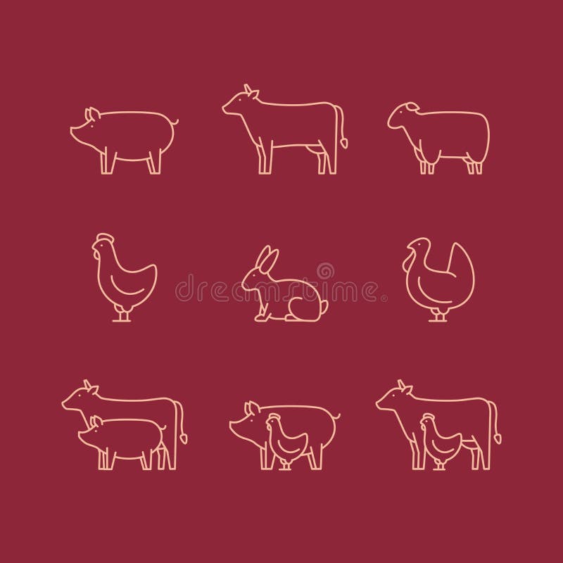 Farm animal outline icon set. Pig, cow, lamb, chicken, turkey, rabbit. Icon for butcher shop. Vector illustration. Farm animal outline icon set. Pig, cow, lamb, chicken, turkey, rabbit. Icon for butcher shop. Vector illustration.