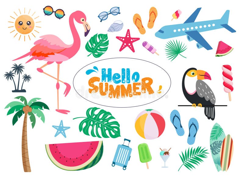 Σύνολο εικονιδίων στοιχείων Hello summer. Καλοκαιρινή τροπική κατασκευή κλιπ όπως καρπούζι αεροπλάνου απεικόνιση αποθεμάτων