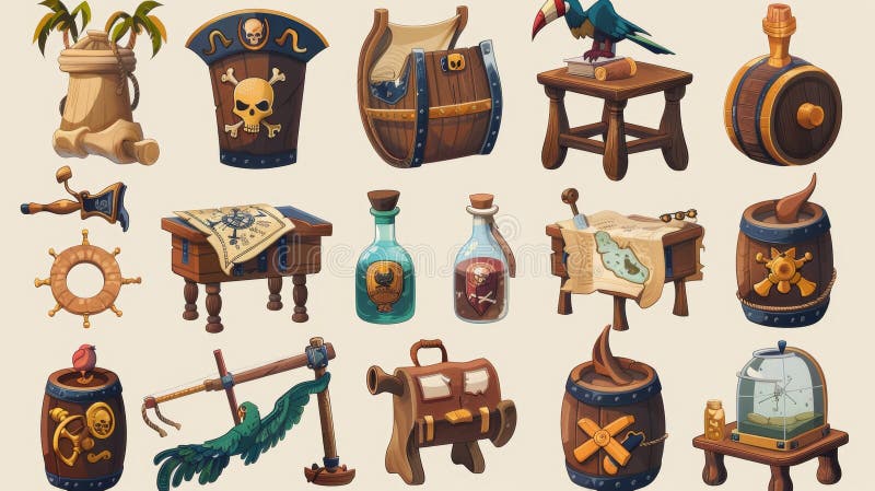 Set of pirate cabin interior objects. Wooden table, old map, treasure chest, parrot and barrel with rum, chair, spyglass and bottle with message, cartoon modern illustration.. AI generated. Set of pirate cabin interior objects. Wooden table, old map, treasure chest, parrot and barrel with rum, chair, spyglass and bottle with message, cartoon modern illustration.. AI generated