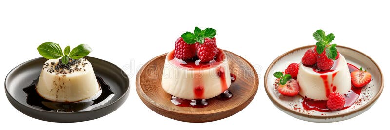 Σύνολο ιταλικών επιδορπίων panna cotta με διαφορετικές επιφάνειες απομονωμένων σε διαφανές φόντο. Κλασική πανκέτα στοκ εικόνα με δικαίωμα ελεύθερης χρήσης