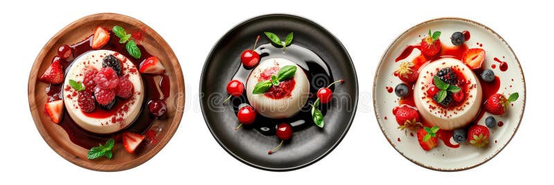 Σύνολο ιταλικών επιδορπίων panna cotta με χτένισμα φρούτων απομονωμένα σε διαφανές φόντο. Panna cotta με στοκ εικόνα