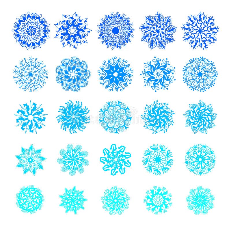 Σύνολο 25 μπλε φωτεινά snowflakes σχεδίων χεριών ελεύθερη απεικόνιση δικαιώματος